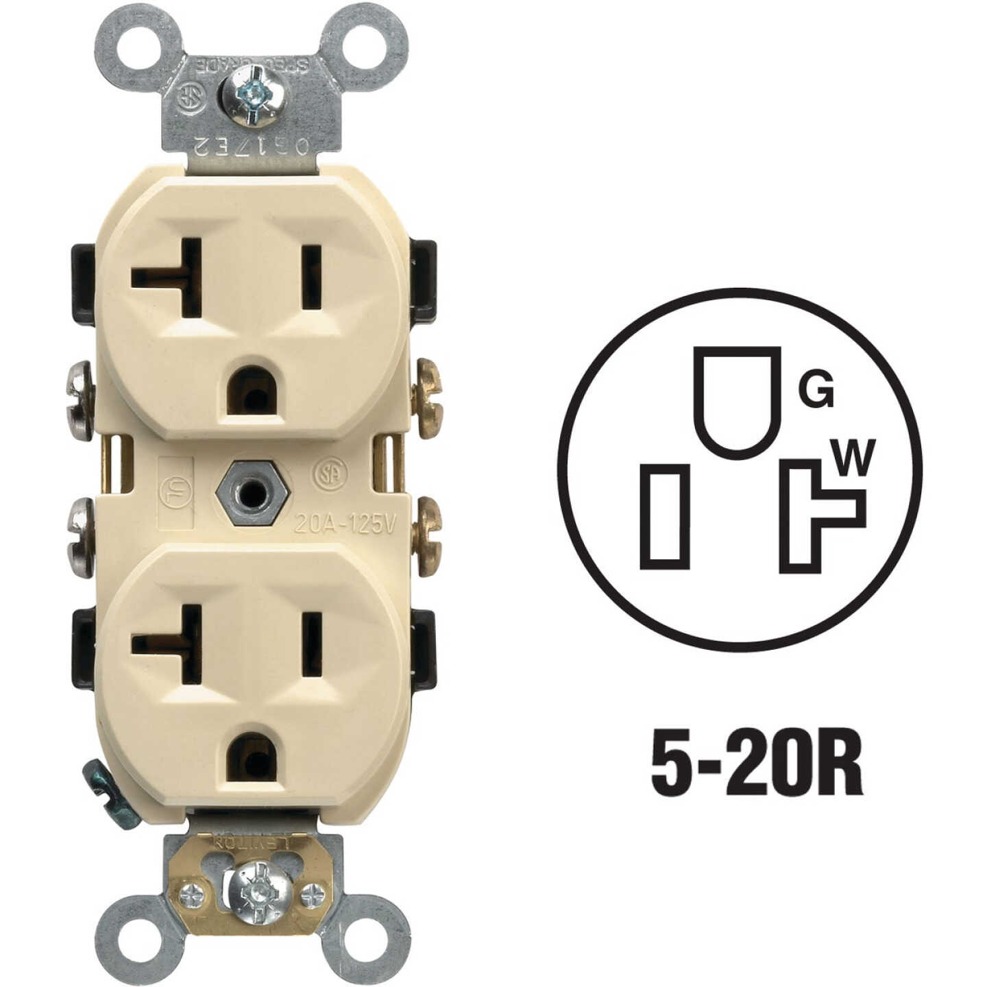 Leviton 20A Ivory Heavy-Duty 5-20R Duplex Outlet Image 1