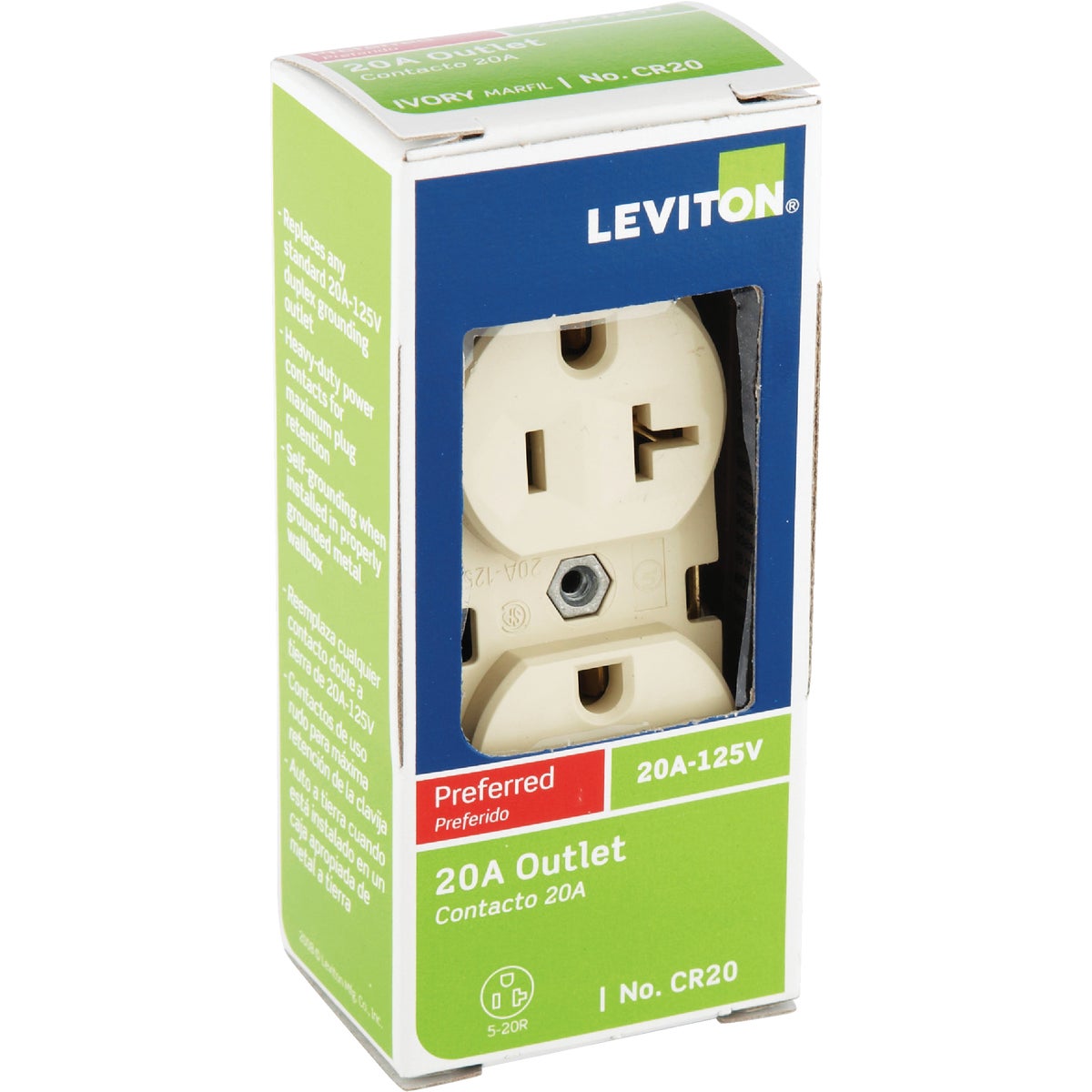 Leviton 20A Ivory Heavy-Duty 5-20R Duplex Outlet Image 2