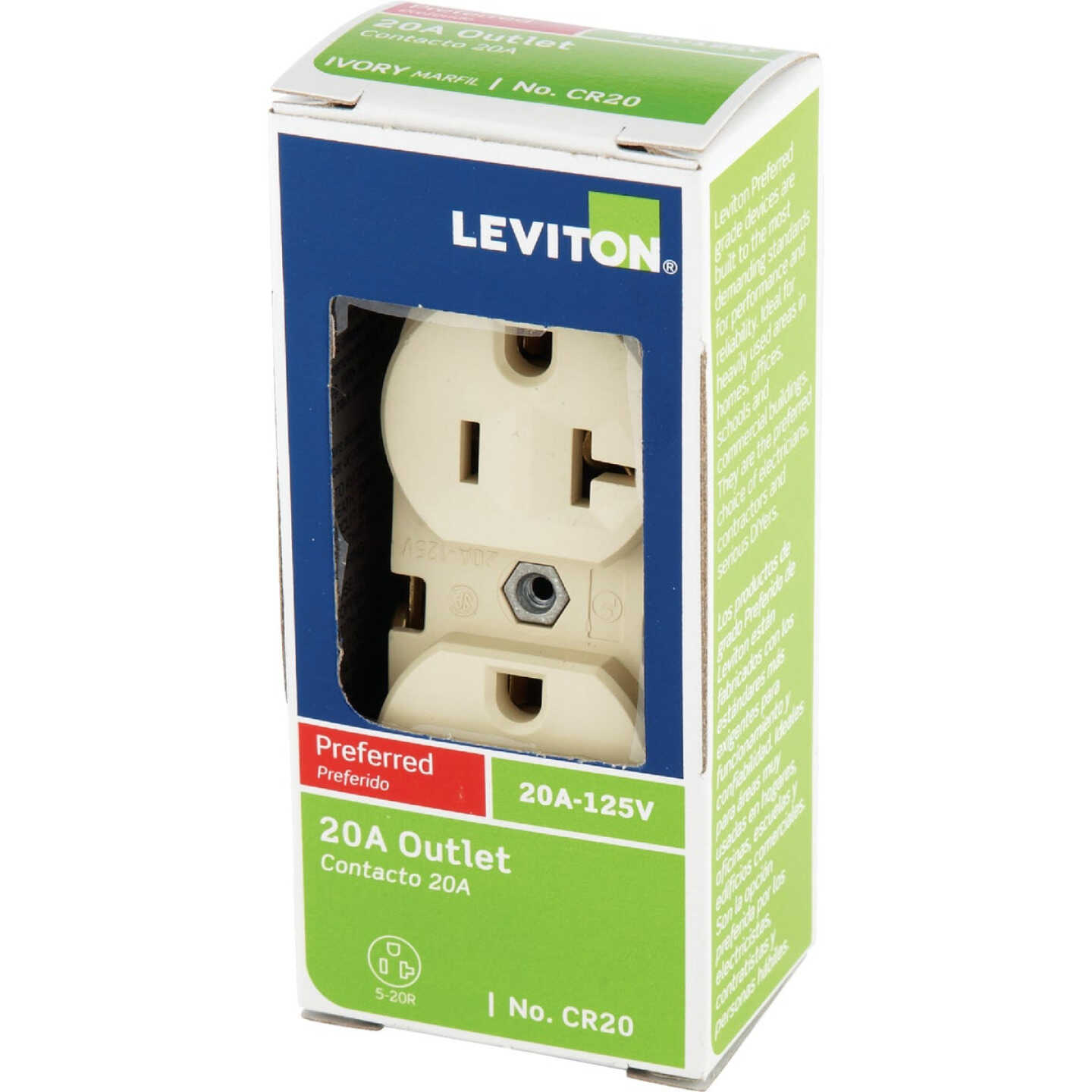 Leviton 20A Ivory Heavy-Duty 5-20R Duplex Outlet Image 3