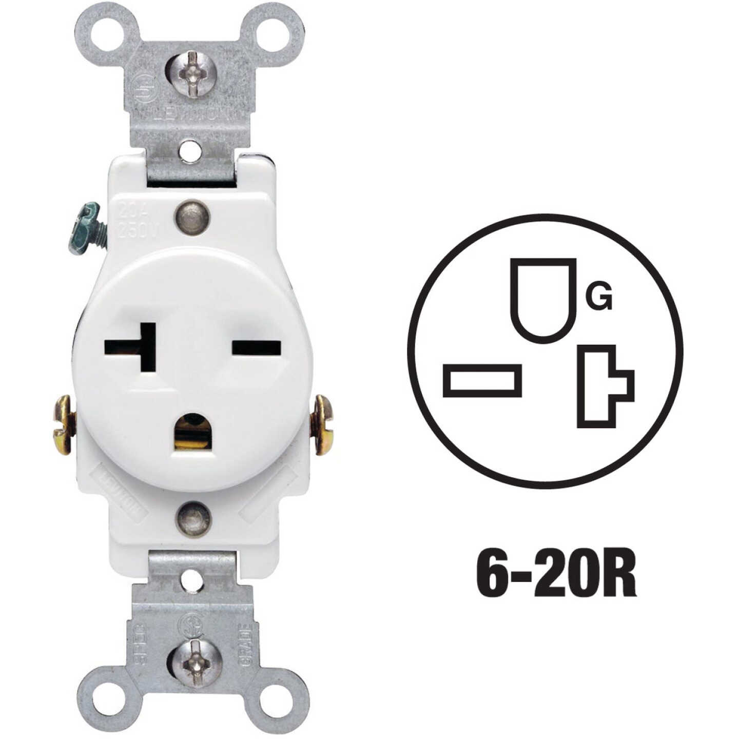 Leviton 20A White Heavy-Duty 6-20R Grounding Single Outlet Image 1