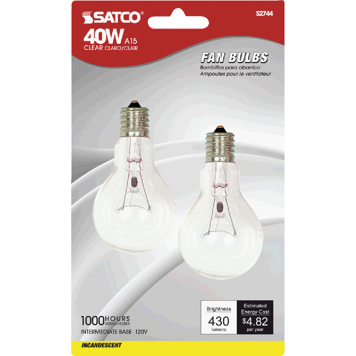 Satco 40W Clear Intermediate A15 Incandescent Ceiling Fan Light Bulb (2-Pack) Image 2