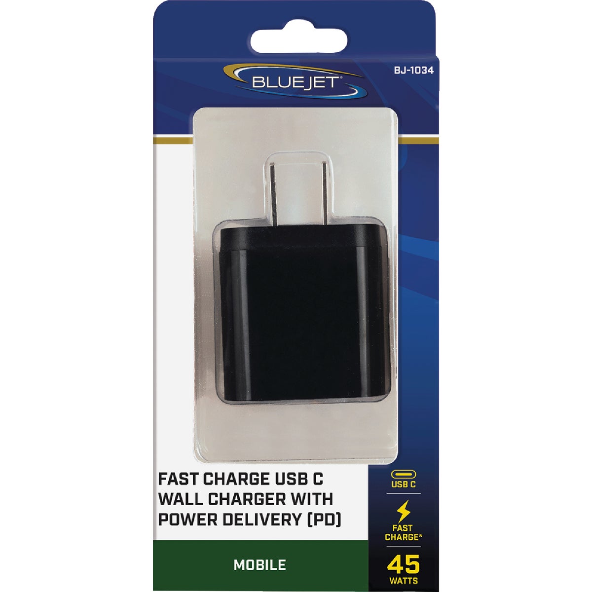 Blue Jet AC Outlet Black Fast Charge 45W Wall USB-C Charger with Power Delivery (PD) & QC Image 2