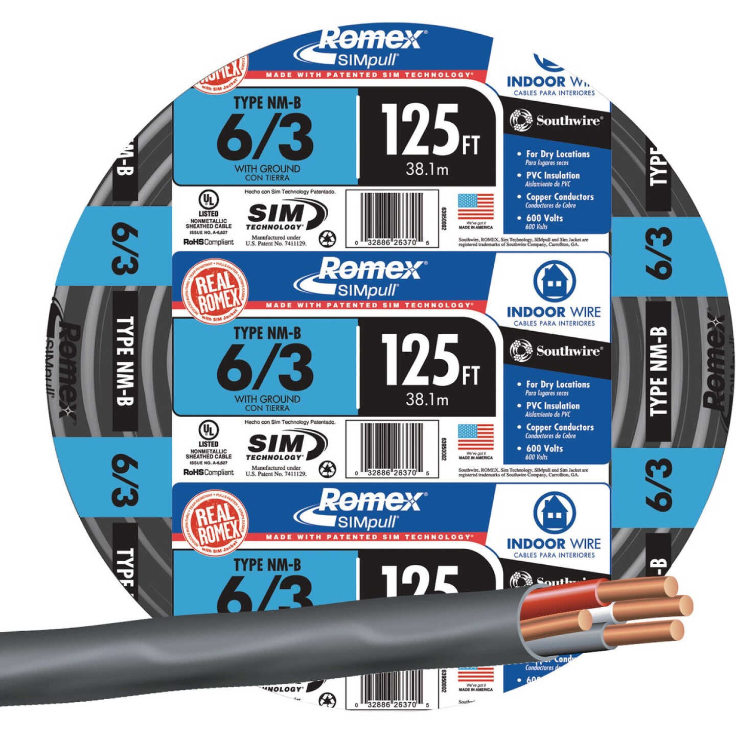 Romex 125 Ft. 6/3 Stranded Black NMW/G Electrical Wire Image 1