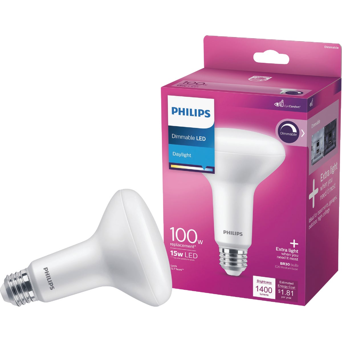 Philips 100W Equivalent Daylight BR30 Medium Dimmable LED Floodlight Light Bulb Image 1