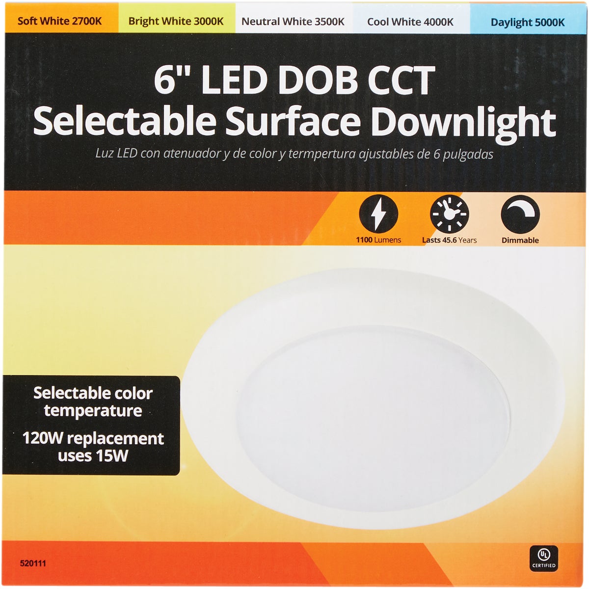 6 In. Retrofit IC Rated White LED DOB CCT Selectable Surface Mount Downlight, 1100 Lm. Image 2