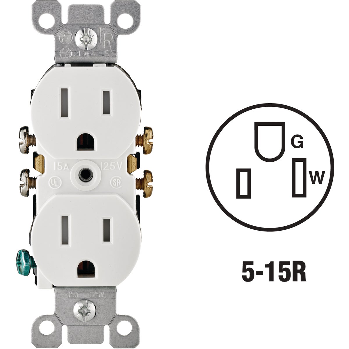 Leviton 15A White Tamper Resistant 5-15R Duplex Outlet Image 1