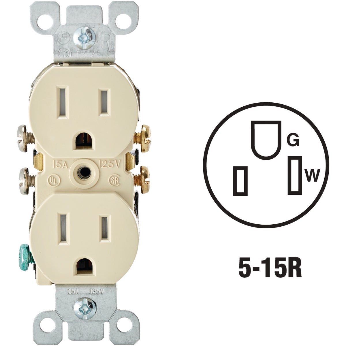Leviton 15A Ivory Tamper Resistant 5-15R Duplex Outlet Image 1