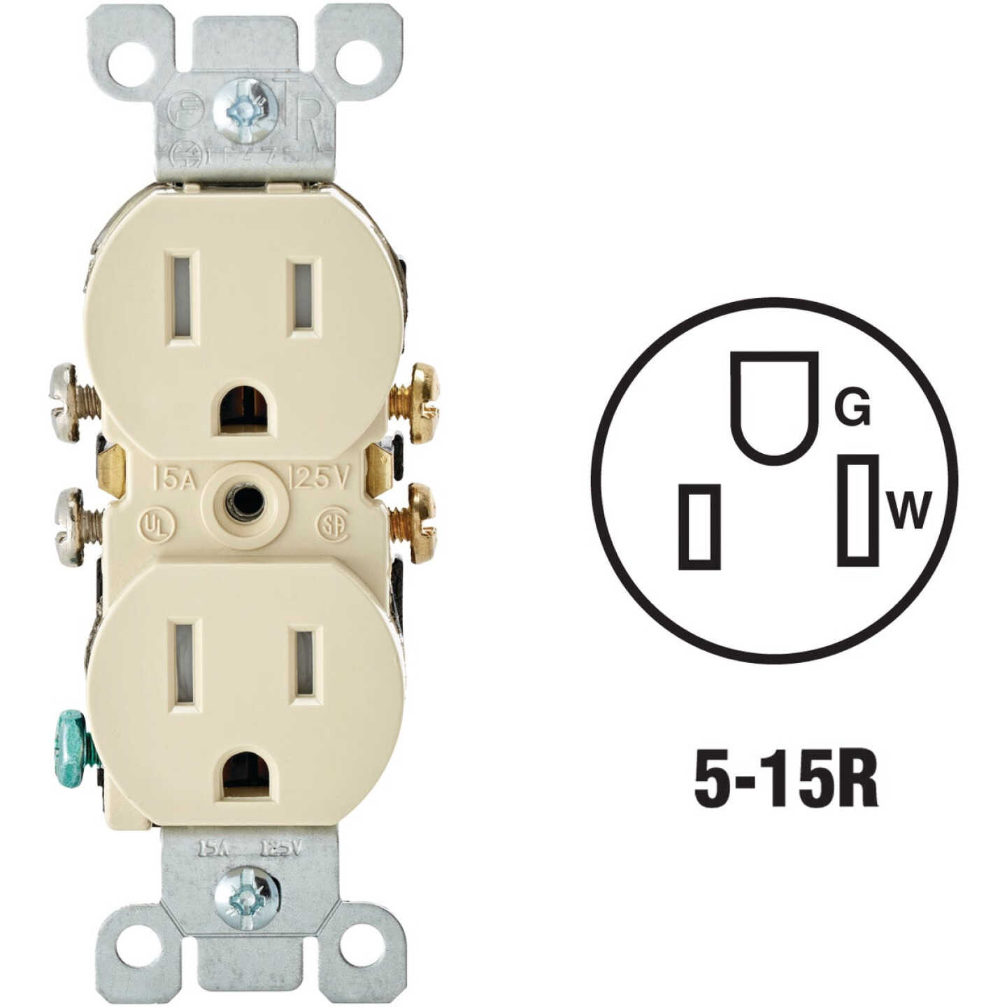 Leviton 15A Ivory Tamper Resistant 5-15R Duplex Outlet Image 1