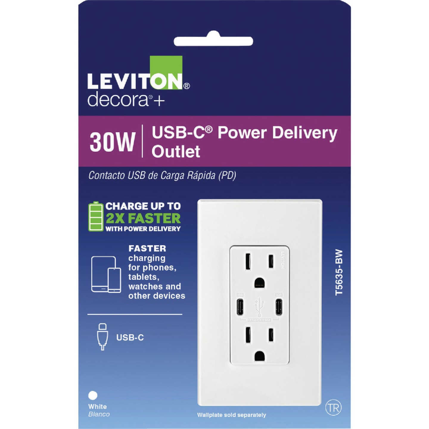 Leviton Decora 15A 125 Volt Tamper-Resistant 6A Type C/C Power Delivery USB In-Wall Charger Duplex Outlet Image 7
