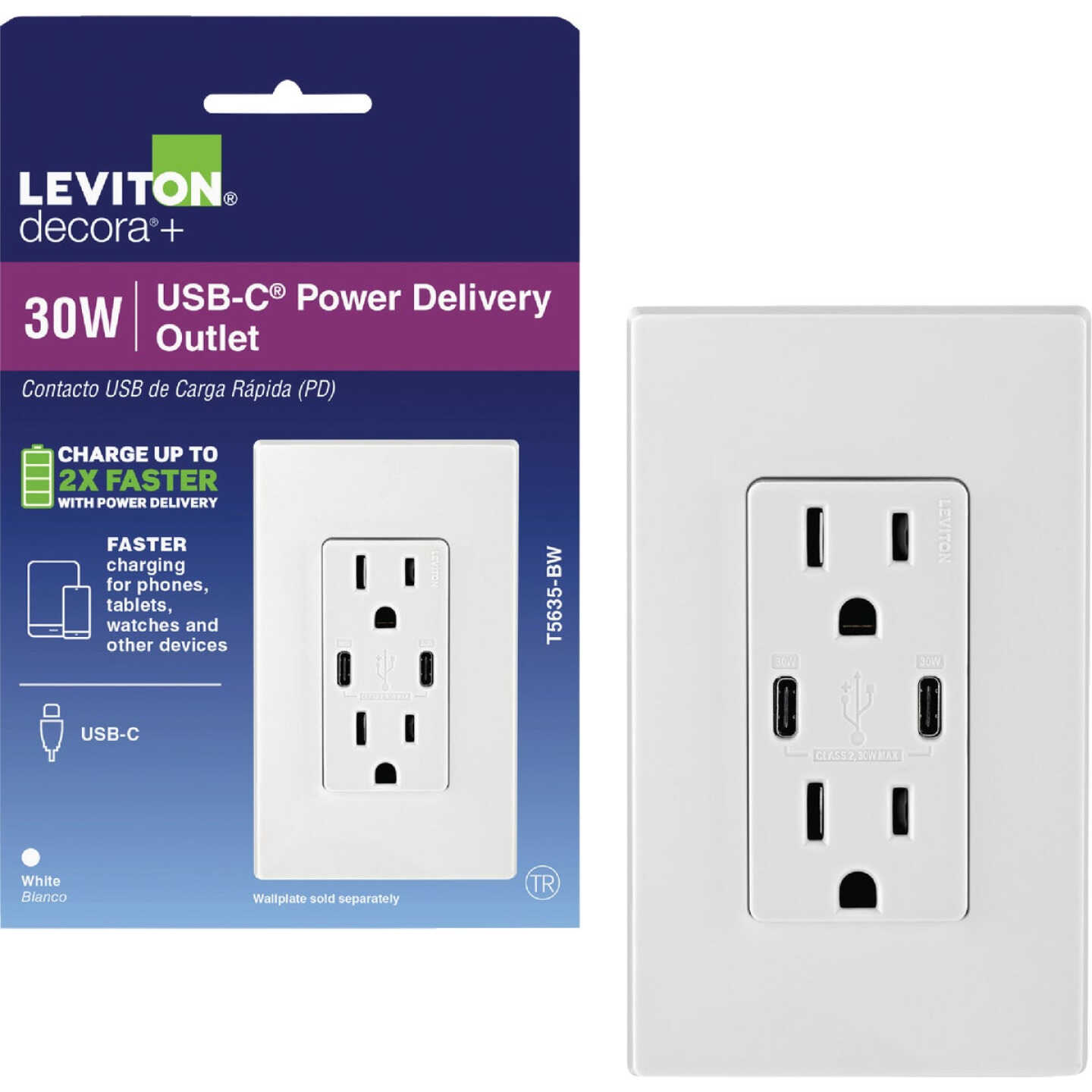 Leviton Decora 15A 125 Volt Tamper-Resistant 6A Type C/C Power Delivery USB In-Wall Charger Duplex Outlet Image 1