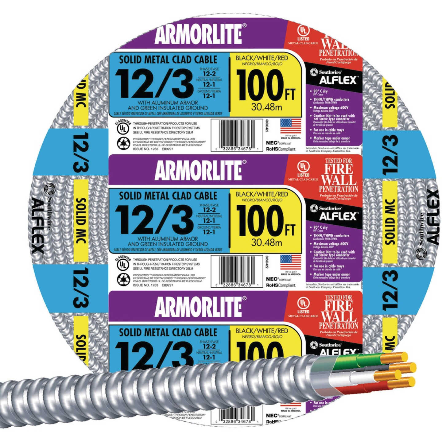 Southwire 100 Ft. 12/3 MC Armored Cable Electrical Wire Image 1