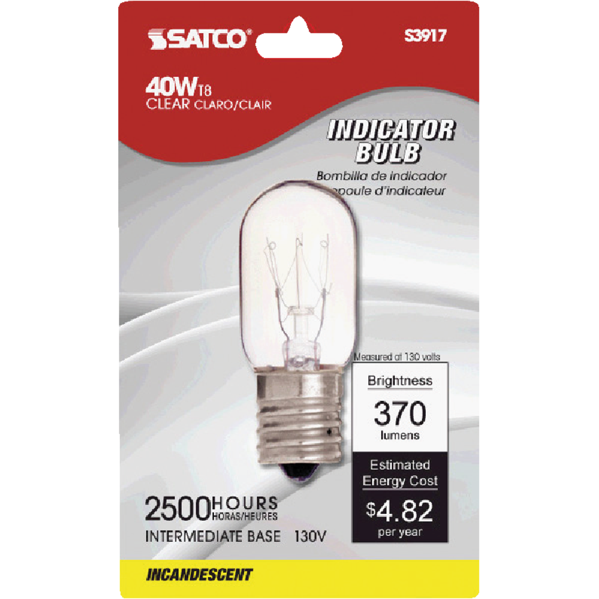 Satco 40W Clear Intermediate Base T8 Incandescent Indicator Appliance Light Bulb Image 1