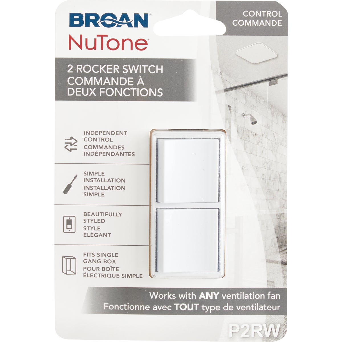 Broan-NuTone 2-Function 15A 120V White Rocker Switch for Bathroom Exhaust Fan Image 3
