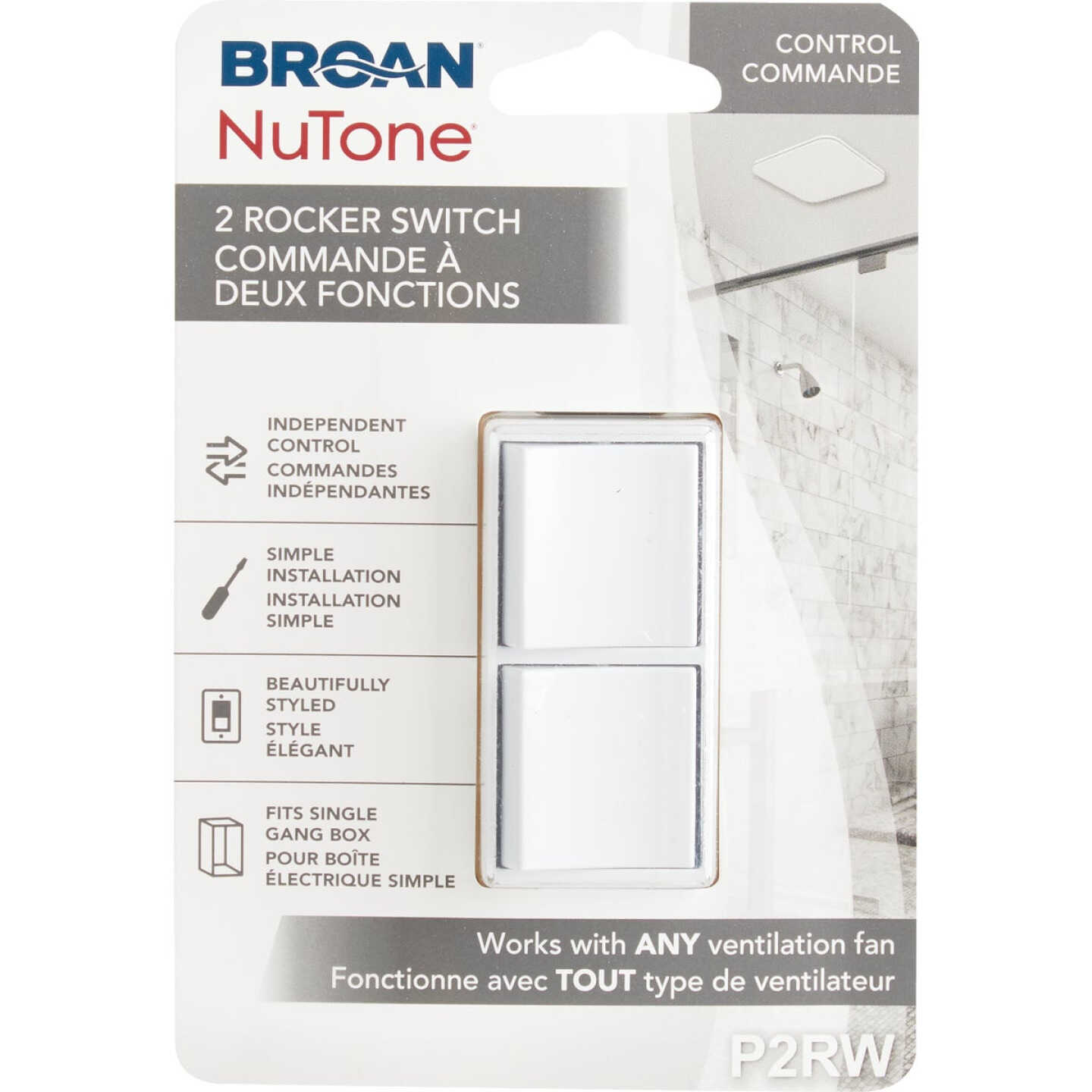 Broan-NuTone 2-Function 15A 120V White Rocker Switch for Bathroom Exhaust Fan Image 3