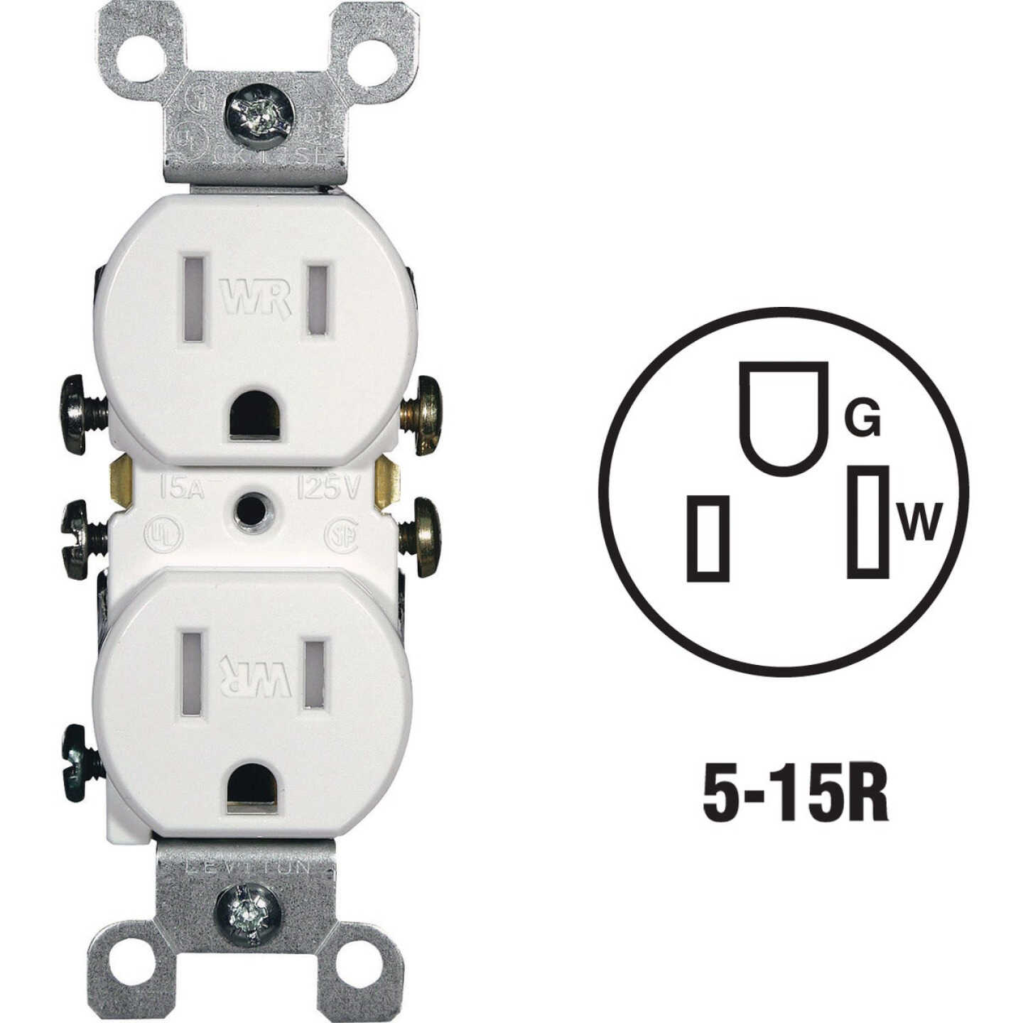 Leviton 15A White Tamper & Weather Resistant Residential Grade 5-15R Duplex Outlet Image 1