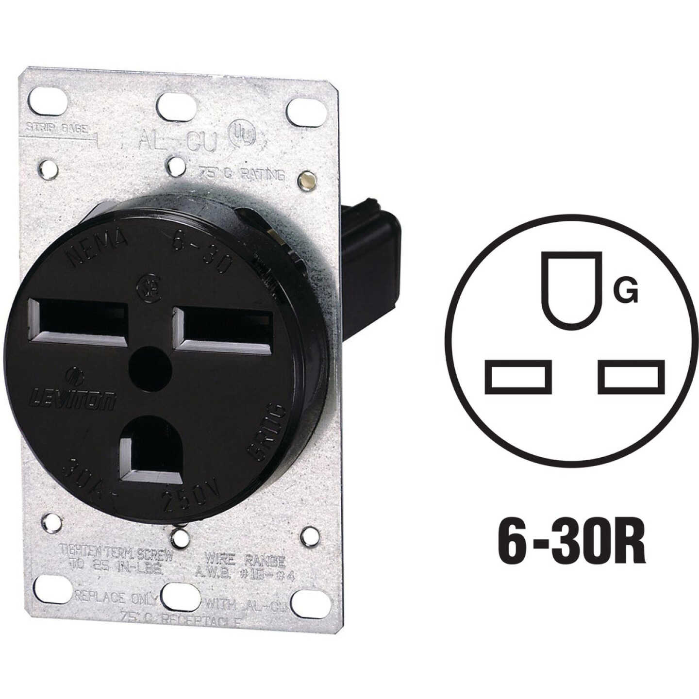 Leviton 30A Flush Mount Black 6-30R Power Outlet Image 1