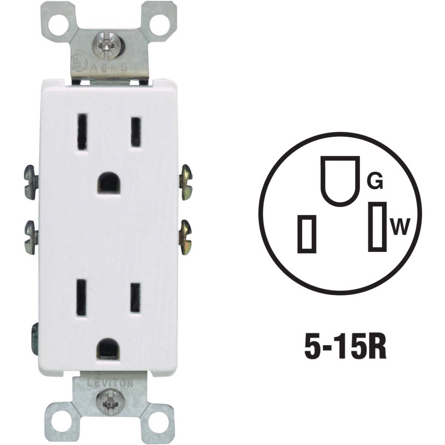 Leviton Decora 15A White Residential Grade 5-15R Duplex Outlet Image 1