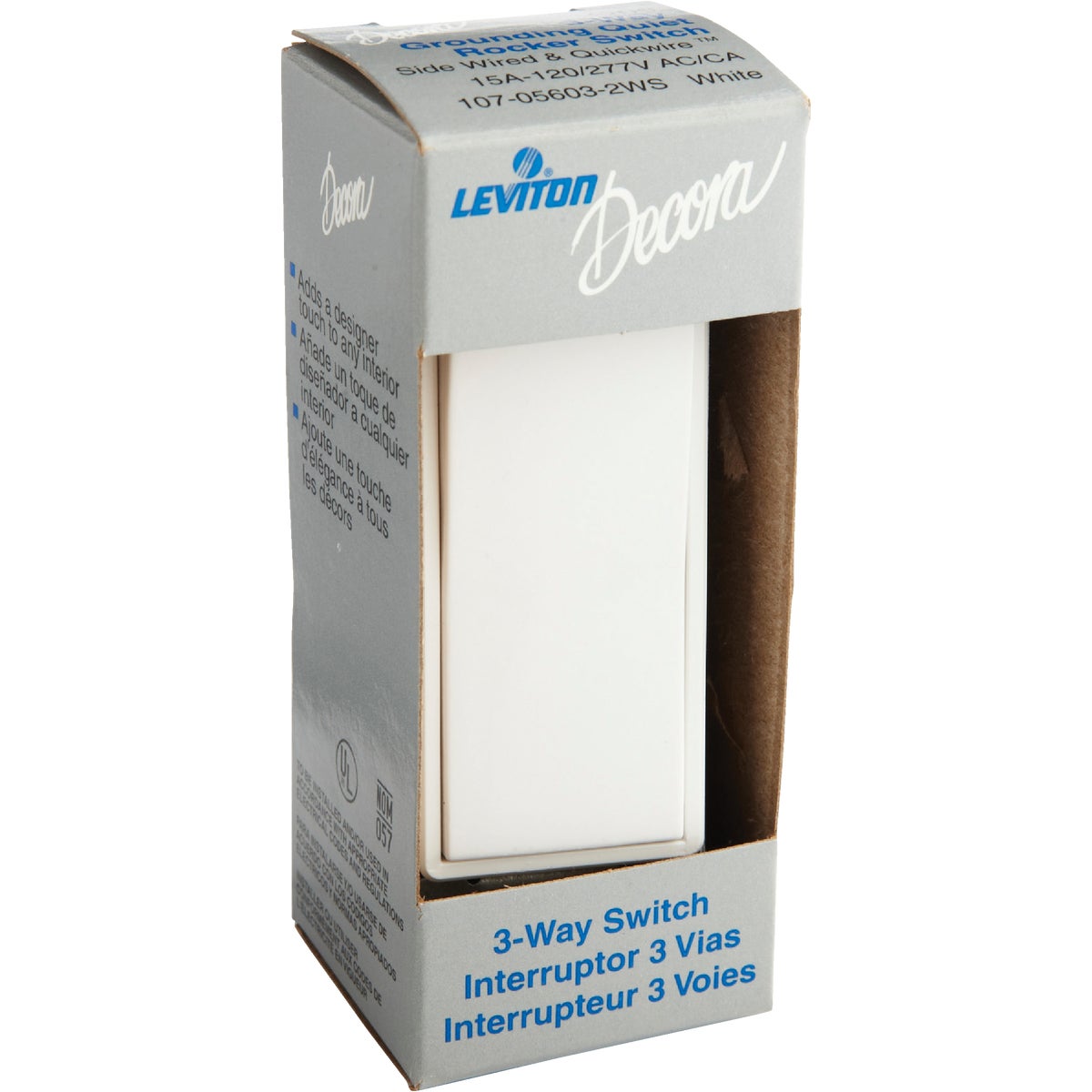 Leviton Decora Rocker White 15A Grounded 3-Way Switch Image 2