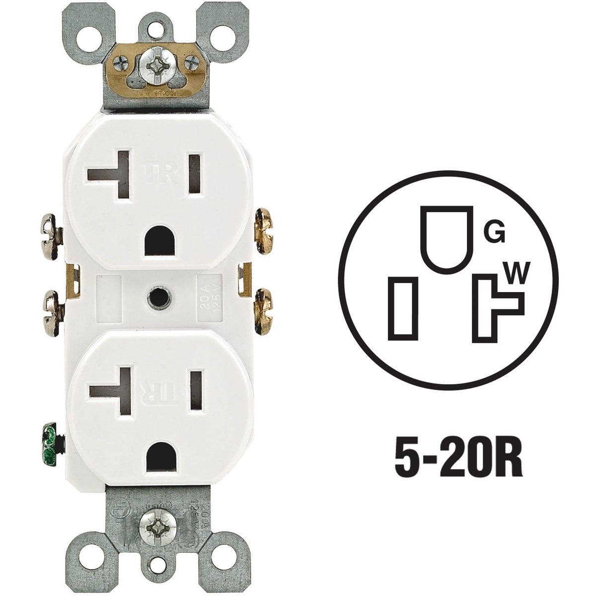 Leviton 20A White Tamper Resistant Residential Grade 5-20R Duplex Outlet Image 1