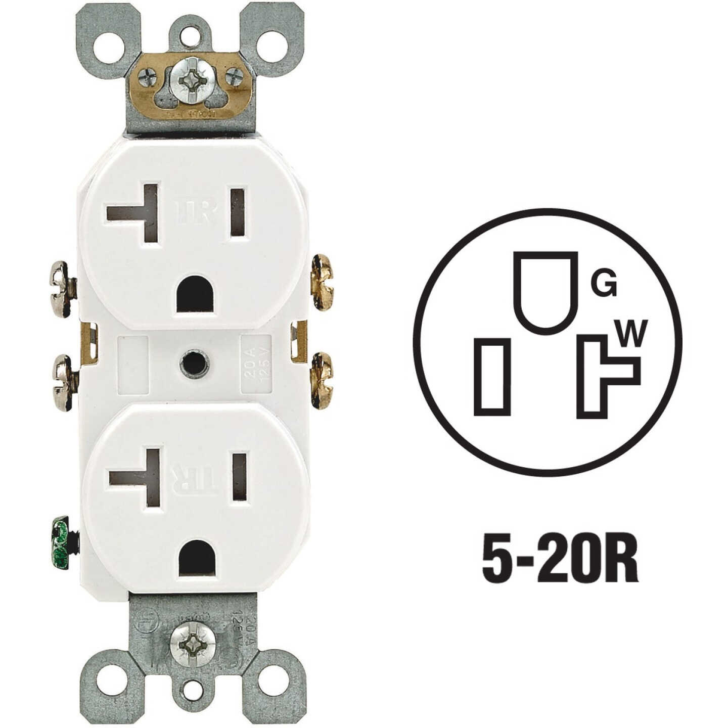 Leviton 20A White Tamper Resistant Residential Grade 5-20R Duplex Outlet Image 1