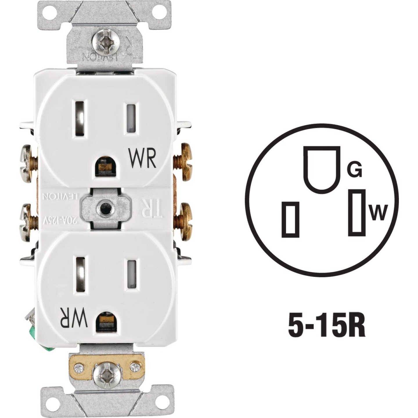 Leviton 15A White Tamper & Weather Resistant Commercial Grade 5-15R Duplex Outlet Image 1