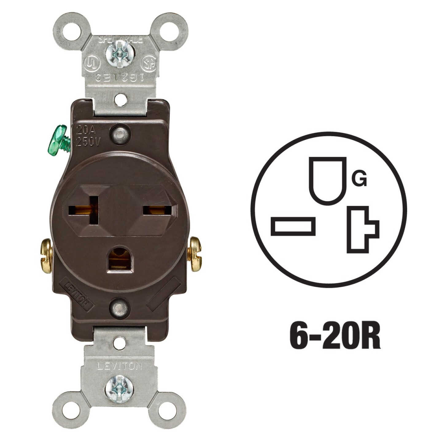 Leviton 20A Brown Heavy-Duty 6-20R Grounding Single Outlet Image 1