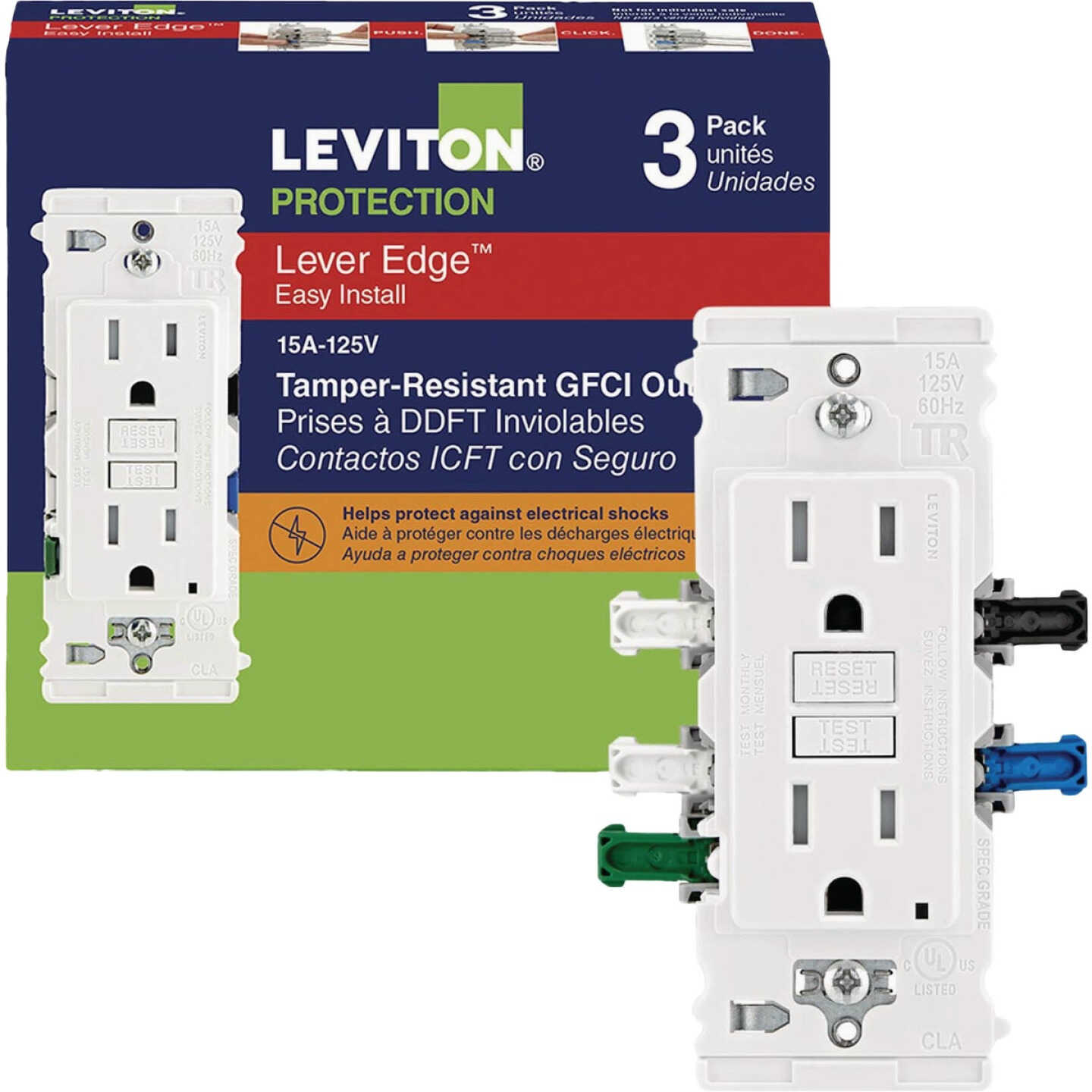 Leviton Lever Edge Self-Test 15A White Tamper-Resistant GFCI Duplex Outlet (3-Pack) Image 1