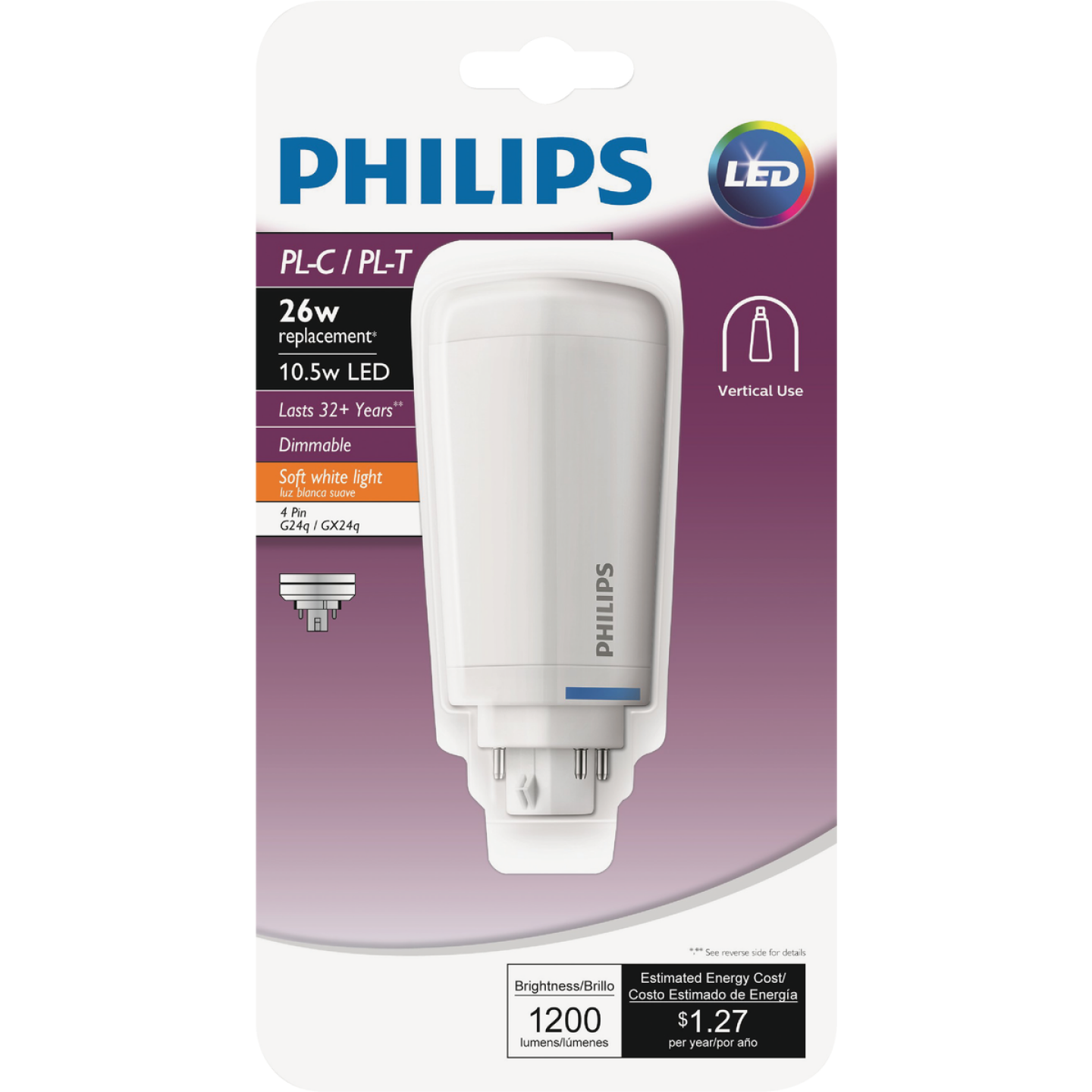 Philips 26W Equivalent Soft White PL-C/T 4-Pin Vertical Orientation LED Tube Light Bulb Image 1