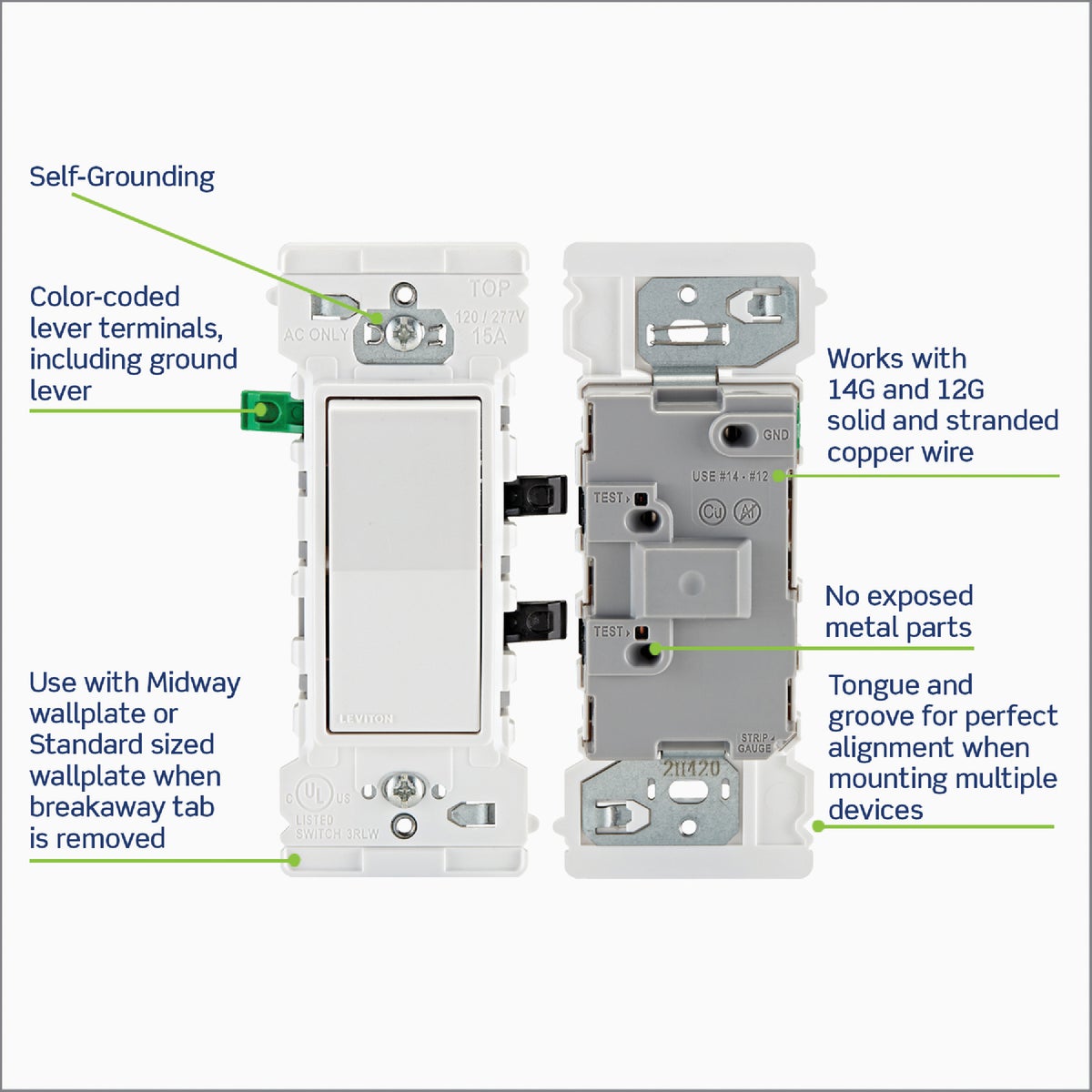 Leviton Decora Lever Edge Residential Grade 15A Rocker Single Pole Switch, White (10-Pack) Image 4