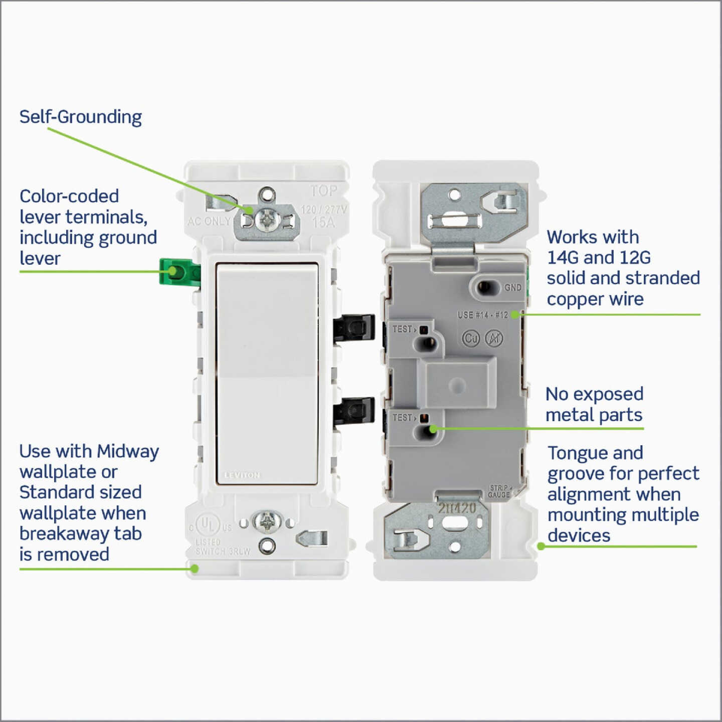 Leviton Decora Edge Residential Grade 15A Rocker Single Pole Switch, White (10-Pack) Image 4