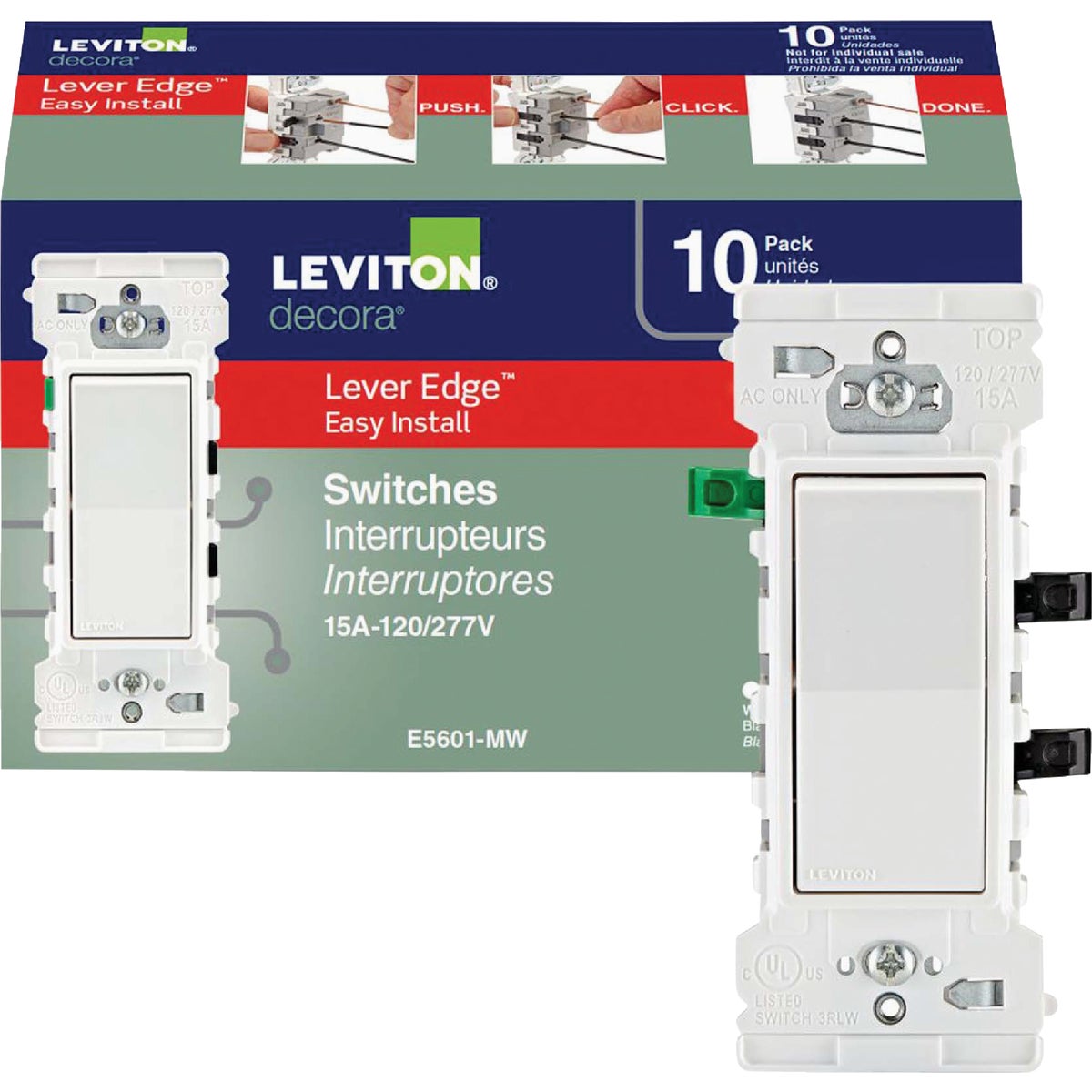 Leviton Decora Lever Edge Residential Grade 15A Rocker Single Pole Switch, White (10-Pack)