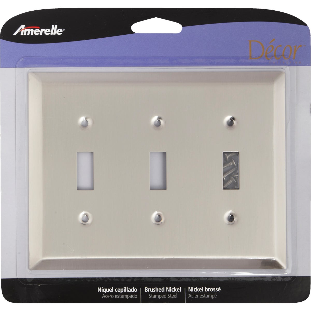 Amerelle 3-Gang Stamped Steel Toggle Switch Wall Plate, Brushed Nickel Image 2