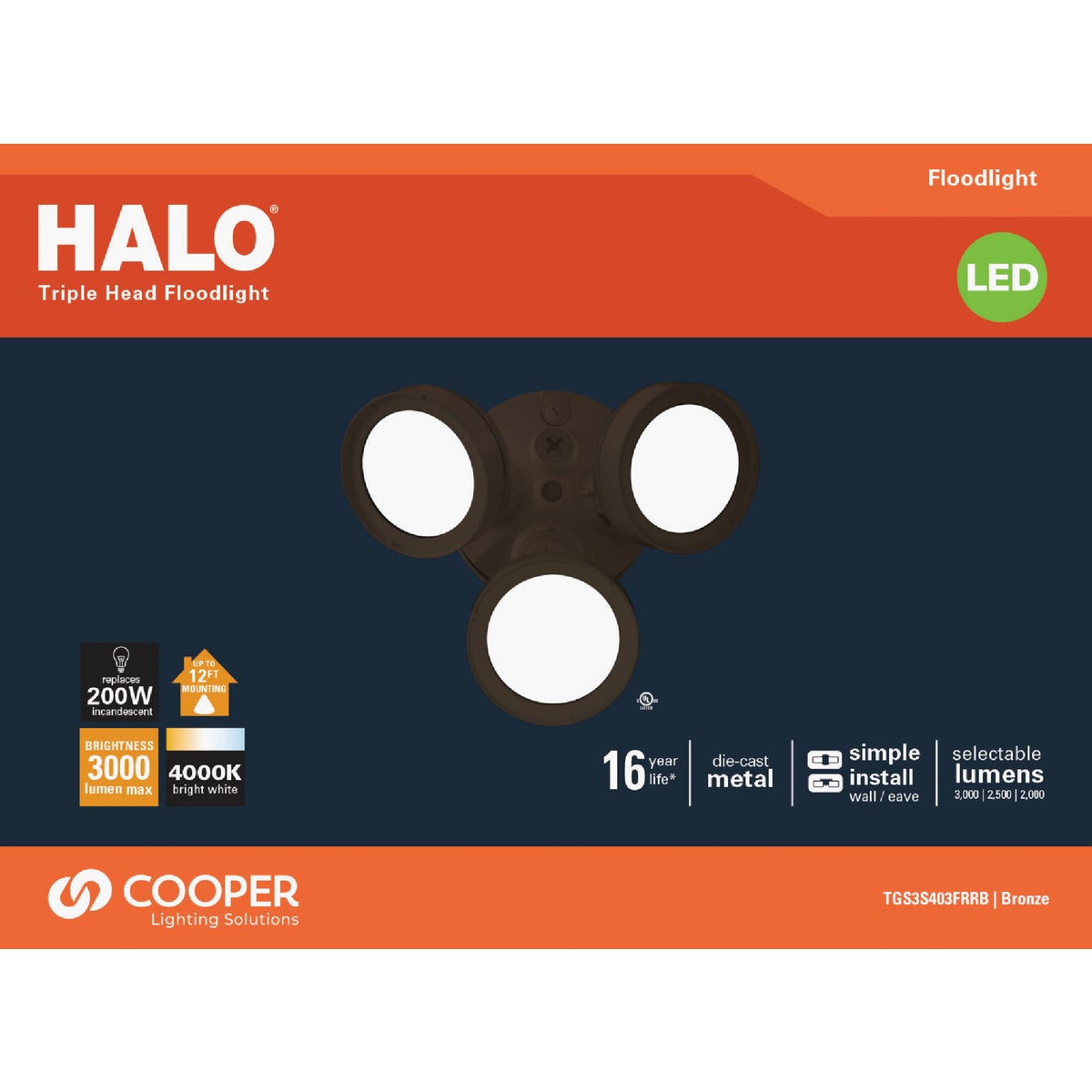 Halo Lumen Selectable Bronze Triple Head LED Floodlight Fixture Image 2