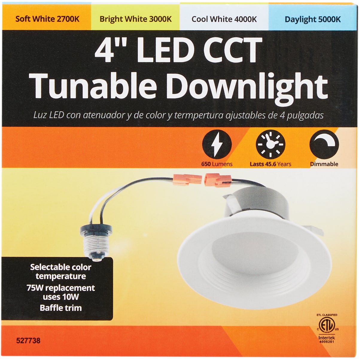 4 In. Retrofit IC Rated White LED CCT Tunable Downlight with Baffle Trim, 650 Lm. Image 2