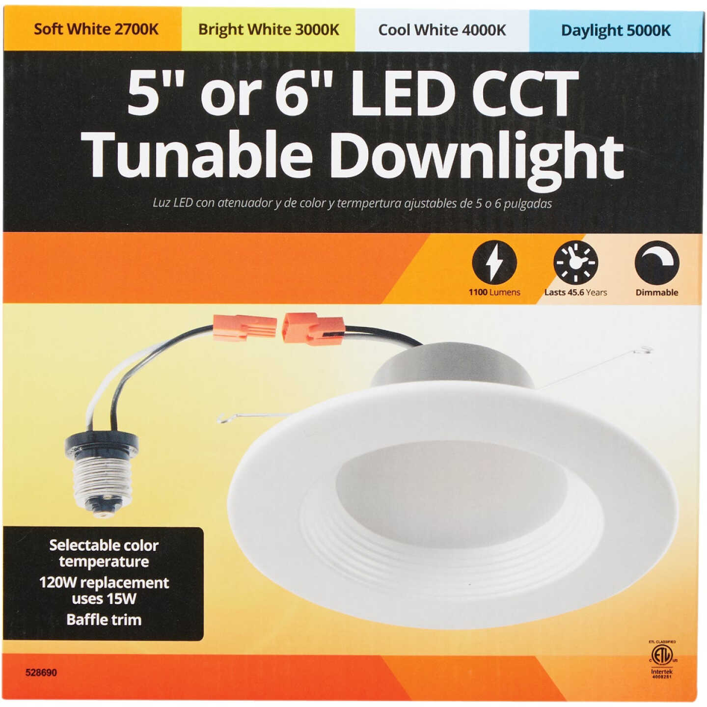 5 In./6 In. Retrofit IC Rated White LED CCT Tunable Downlight with Baffle Trim, 1100 Lm. Image 2