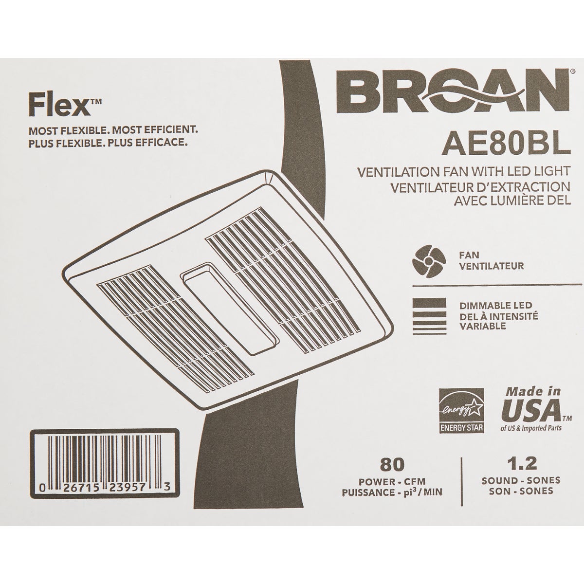Broan-NuTone Flex Series 80 CFM 1.2 Sones 120V Ventilation Fan with LED Light Image 2