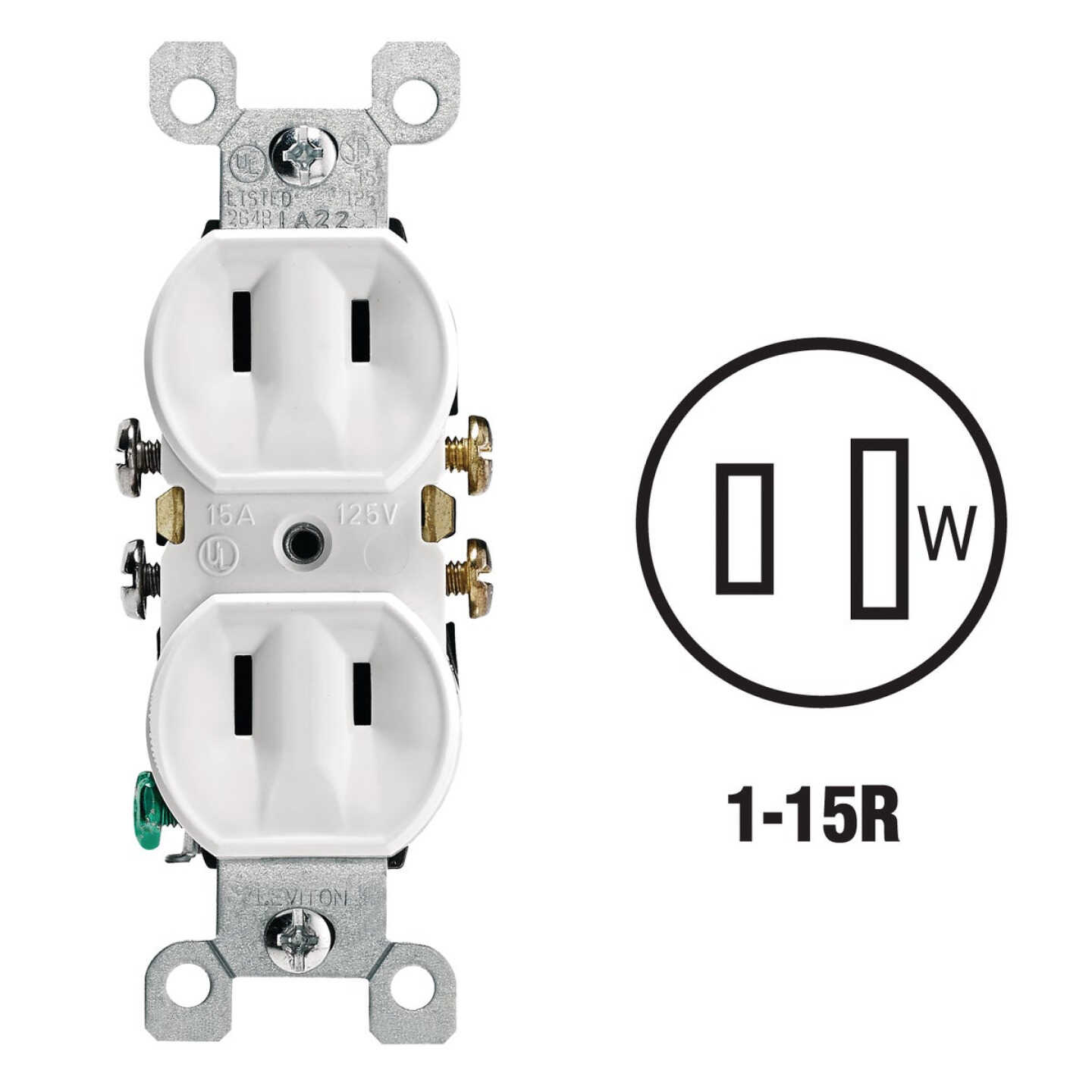Leviton 15A White Residential Grade 1-15R Duplex Outlet Image 1