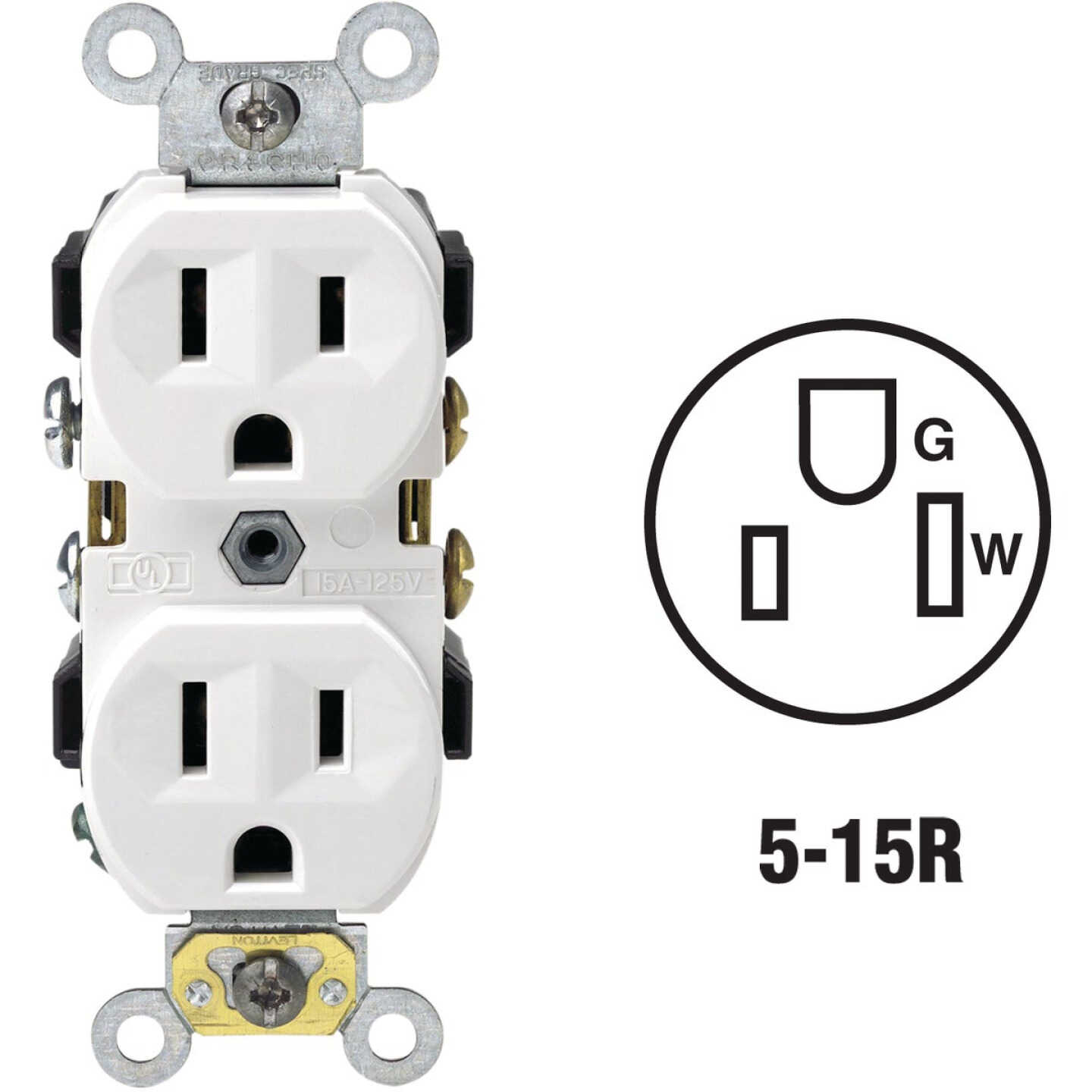 Leviton 15A White Commercial Grade 5-15R Duplex Outlet Image 1