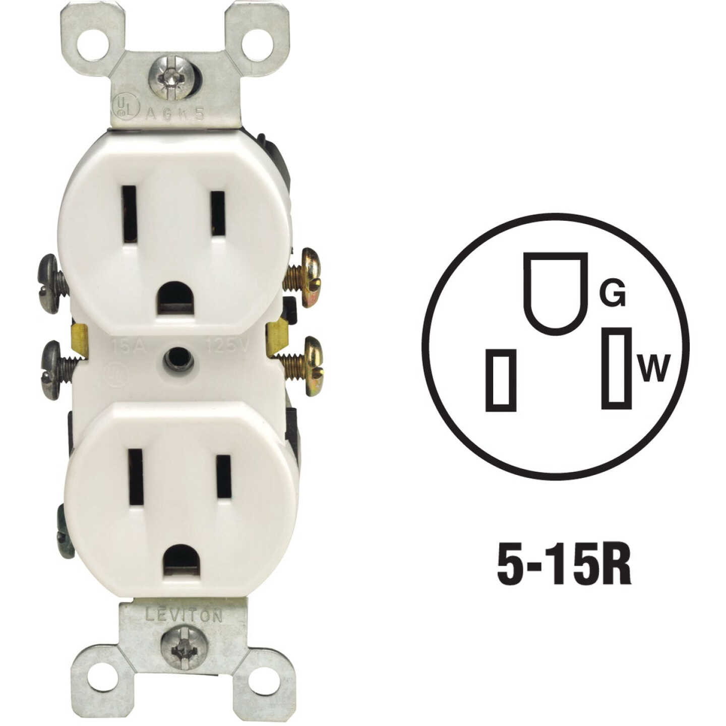 Leviton 15A White Shallow Grounded 5-15R Duplex Outlet Image 1