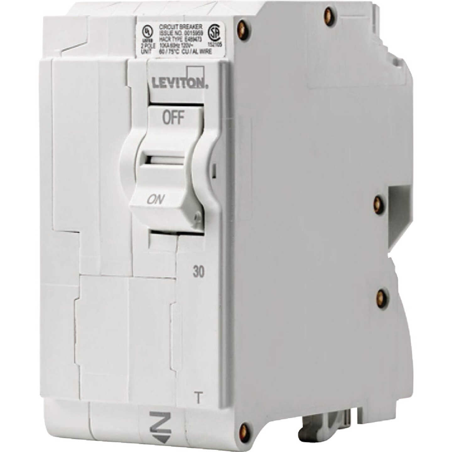 Leviton 30A Double-Pole Plug-On Standard Branch Thermal Magnetic Trip Circuit Breaker Image 1
