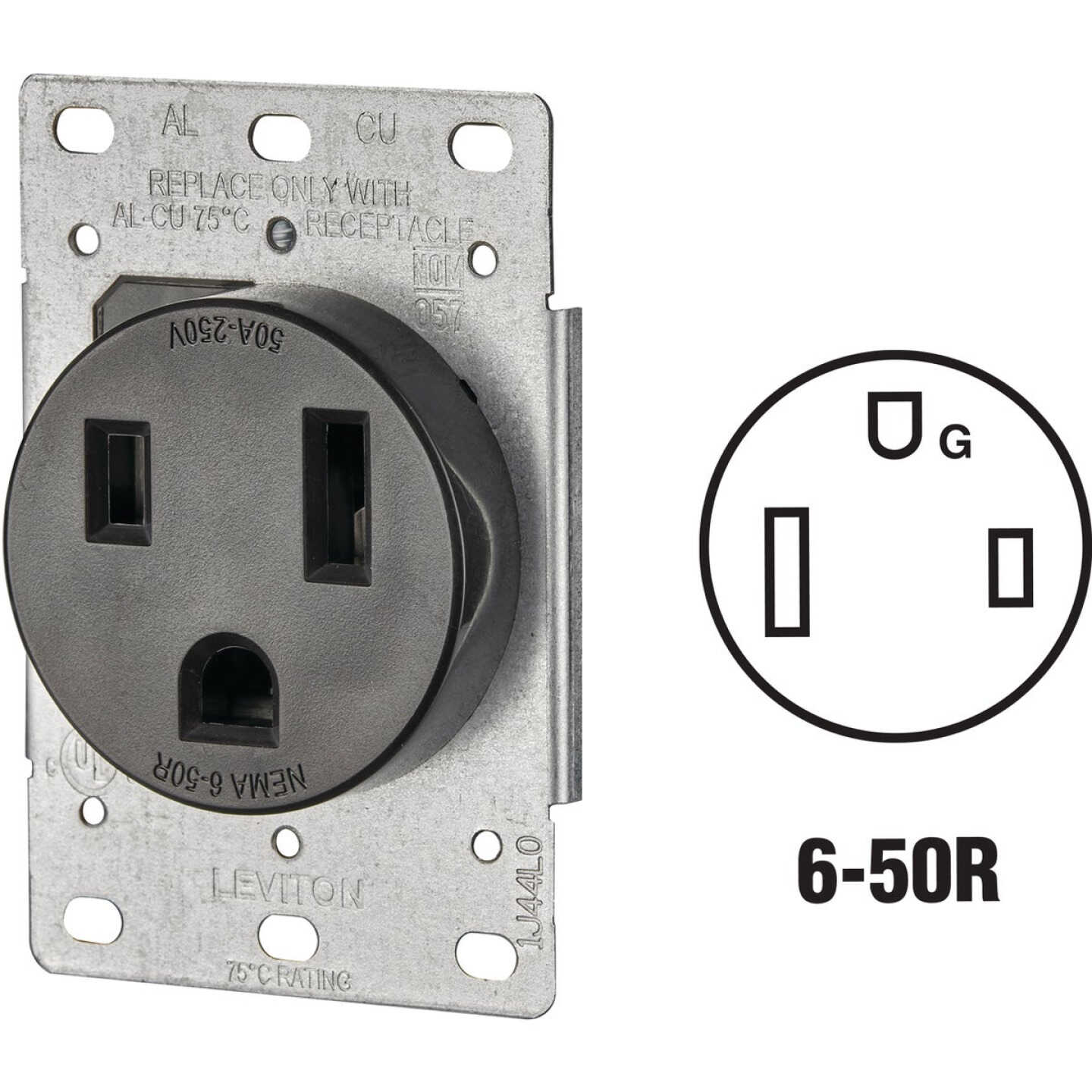 Leviton 50A Flush Mount Black 6-50R Welder Power Outlet Image 1