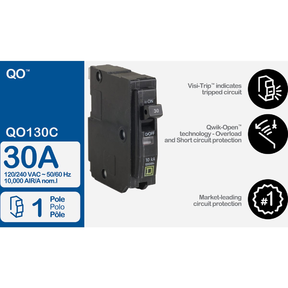 Square D QO 30A Single-Pole Standard Trip Circuit Breaker Image 2