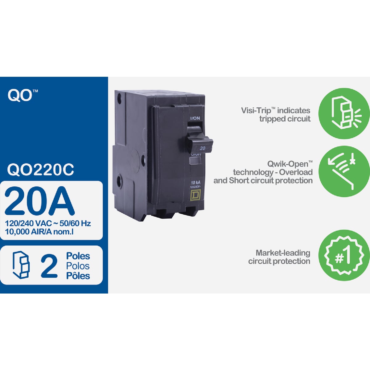 Square D QO 20A Double-Pole Standard Trip Circuit Breaker Image 2