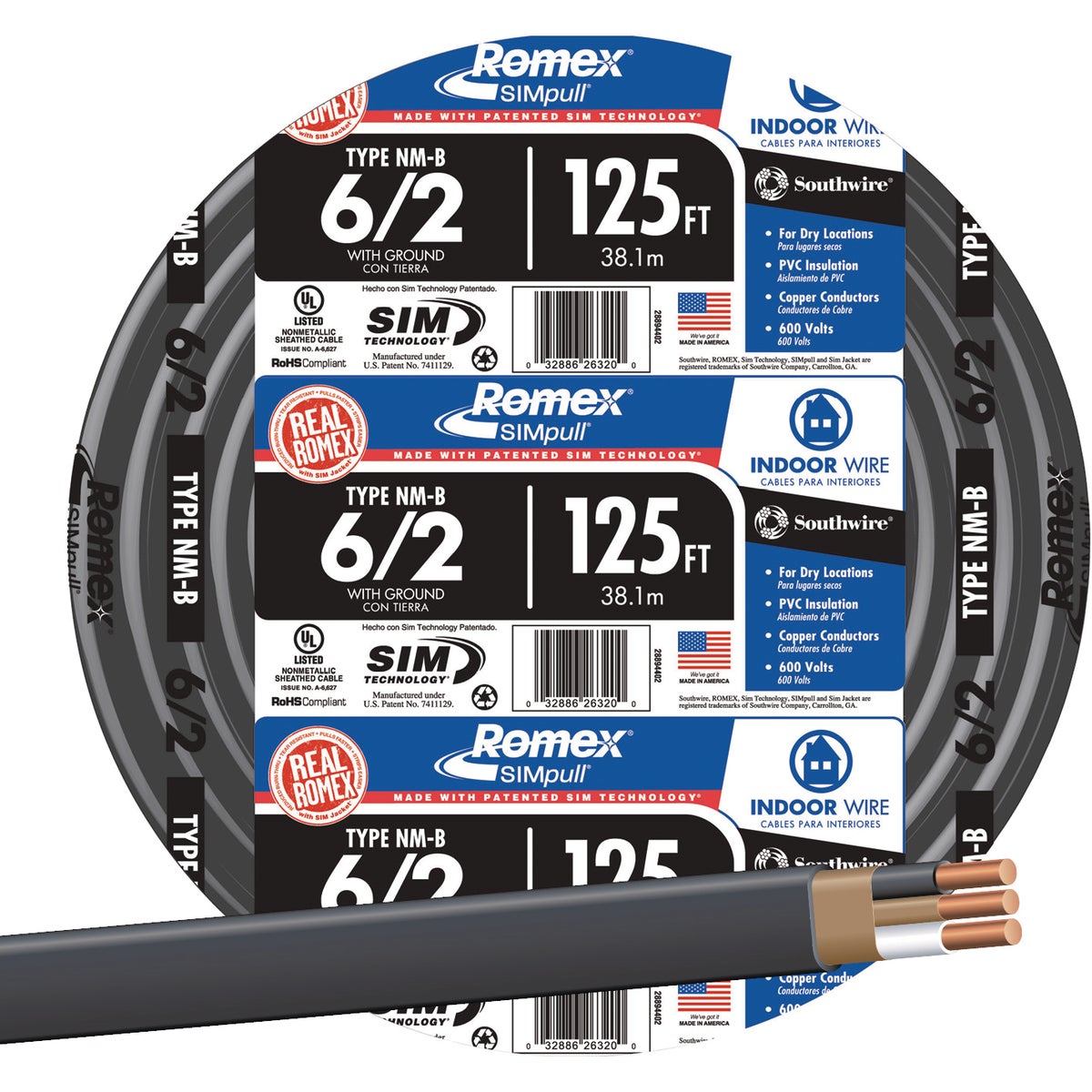 Romex 125 Ft. 6/2 Stranded Black NMW/G Electrical Wire