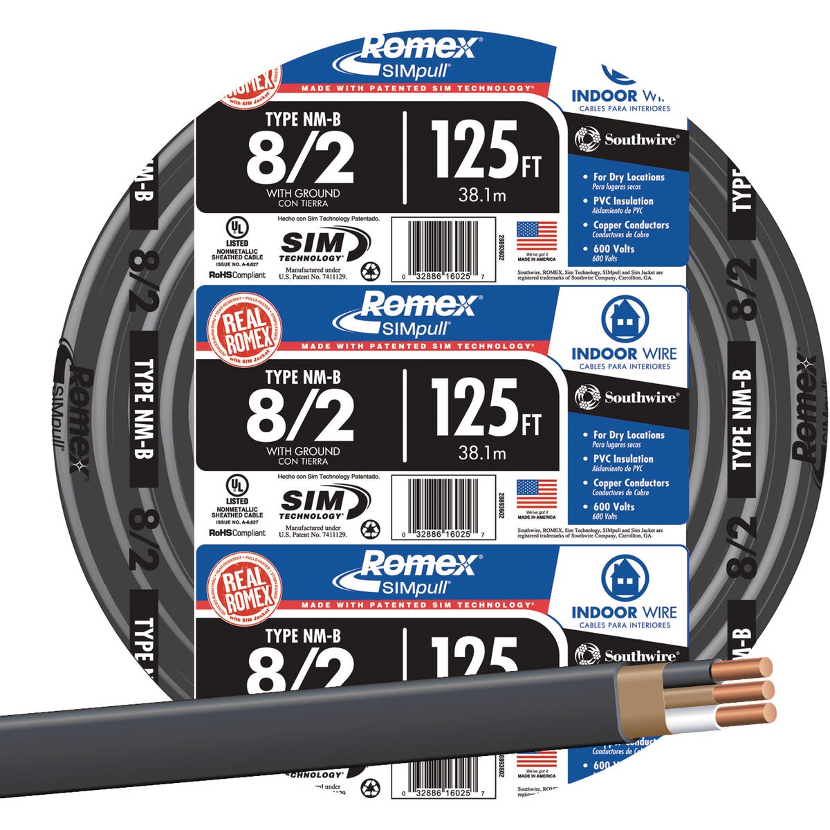 Romex 125 Ft. 8/2 Stranded Black NMW/G Electrical Wire