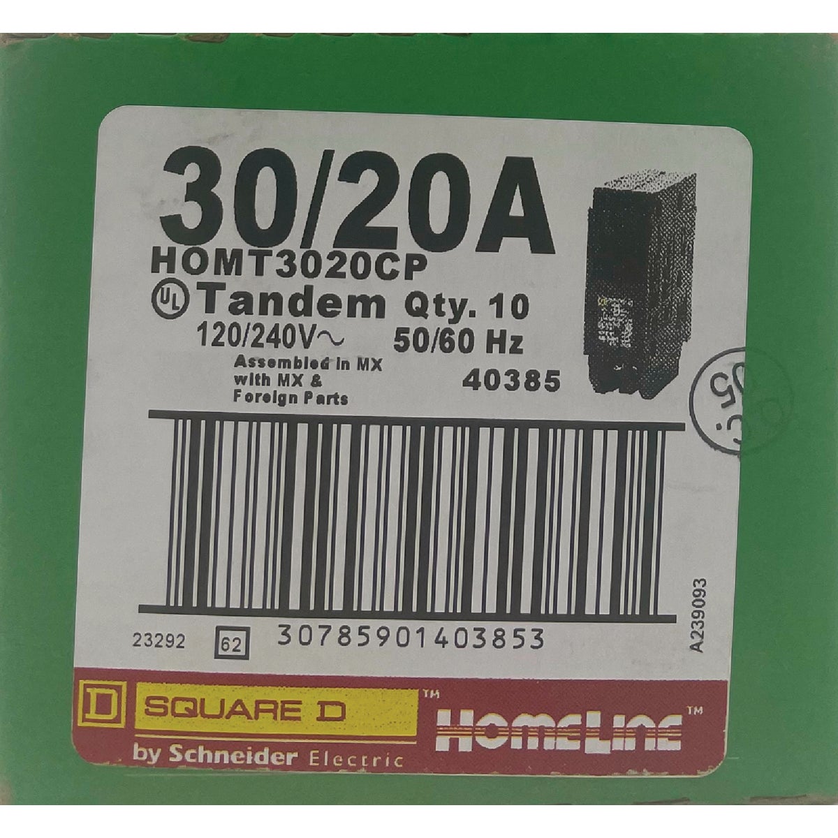 Square D Homeline 30A/20A Twin Single-Pole Standard Trip Tandem Circuit Breaker Image 2