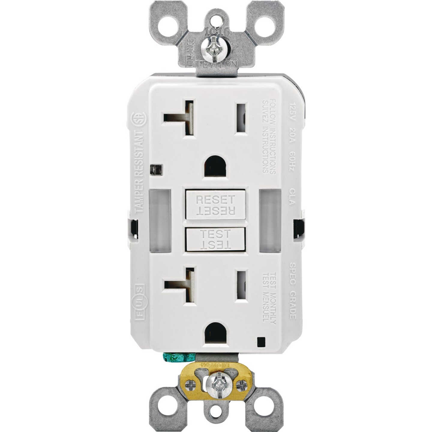 Leviton SmartLockPro Self-Test 20A White Tamper Resistant 5-20R GFCI Outlet Image 1