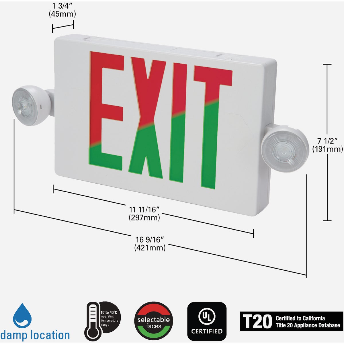 Sure-Lites Red/Green Selectable Lettering Polycarbonate LED Emergency Light & Exit Sign Image 2