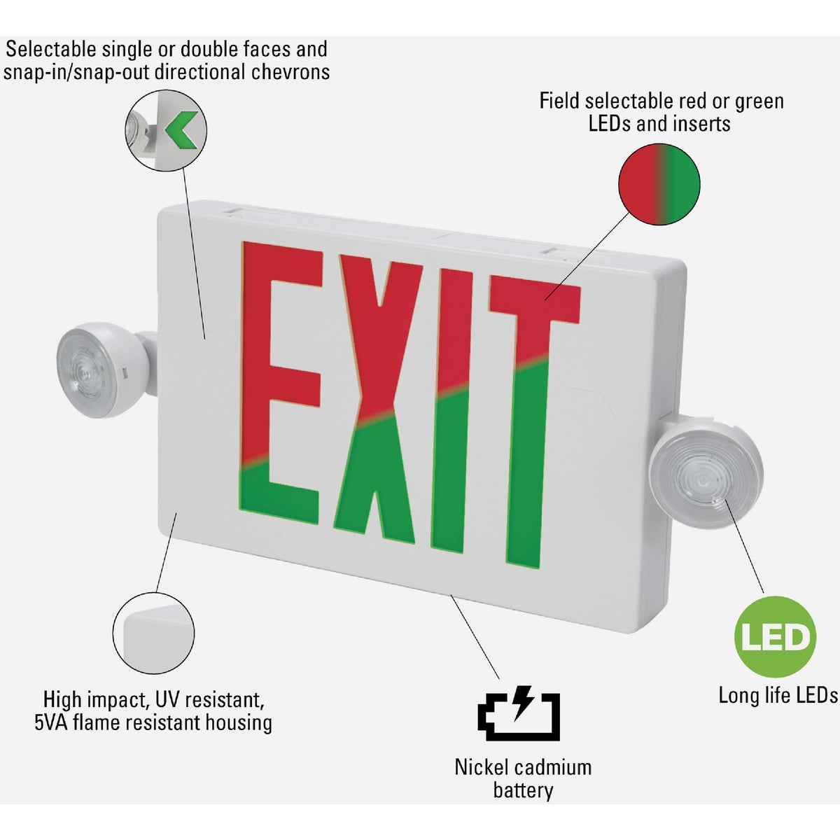 Sure-Lites Red/Green Selectable Lettering Polycarbonate LED Emergency Light & Exit Sign Image 5