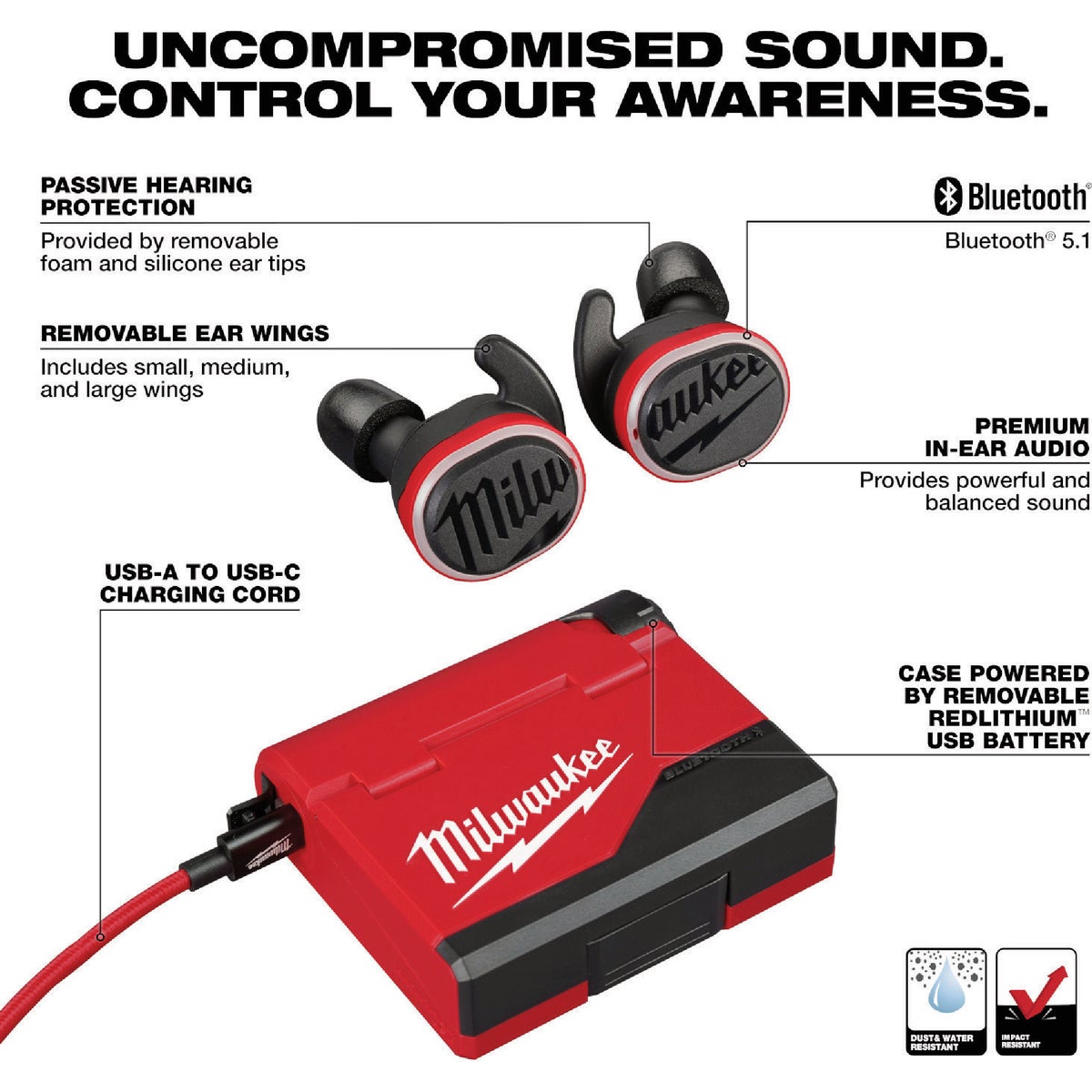 Milwaukee REDLITHIUM USB Bluetooth Jobsite Earbuds Image 2